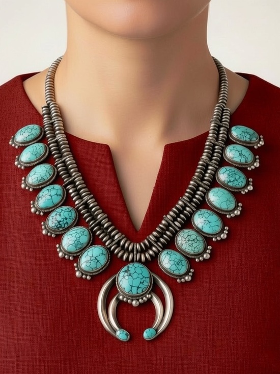 Esther Wood Jewelry - Authentic Navajo Esther Wood Sterling Silver Turquoise Squash Blossom Necklace